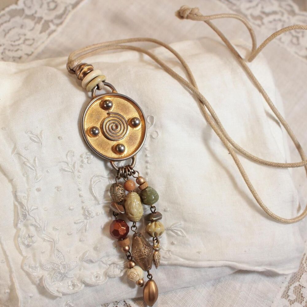 Boho Cord Necklace with Gold-Tone Chandelier Earthy Medallion Pendant